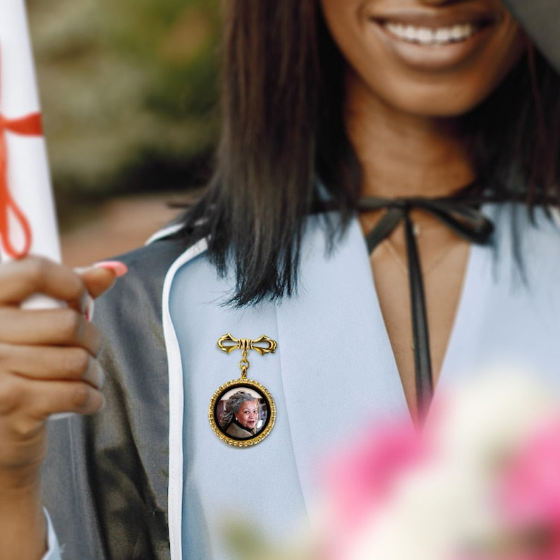 Customized graduation lapel pin with photo, offering a personal touch to your commencement attire.