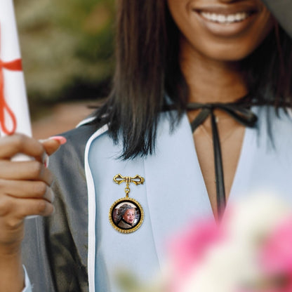 Customized graduation lapel pin with photo, offering a personal touch to your commencement attire.