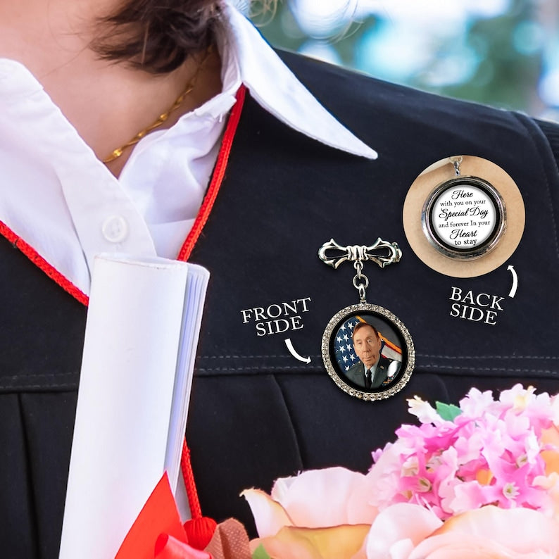 Beautifully designed custom photo lapel pins, perfect for honoring a legacy on your graduation day.