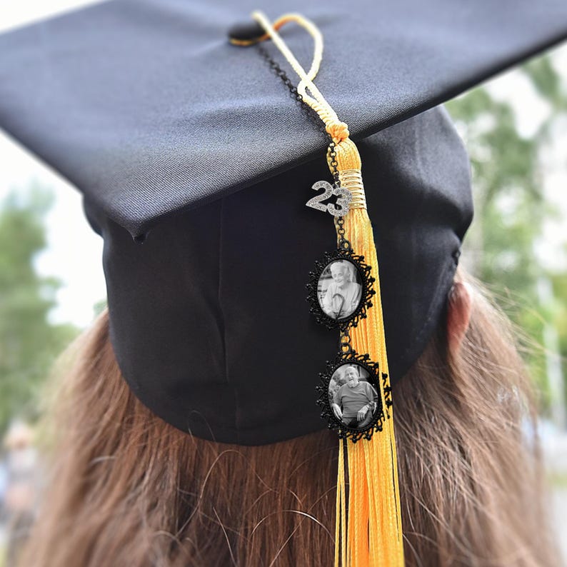 A premium memorial photo charm for graduation cap, offering a lasting memento for lost loved ones.