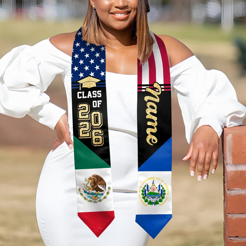 Elegant El Salvador graduation stole option, providing a beautiful way to represent your roots and success.