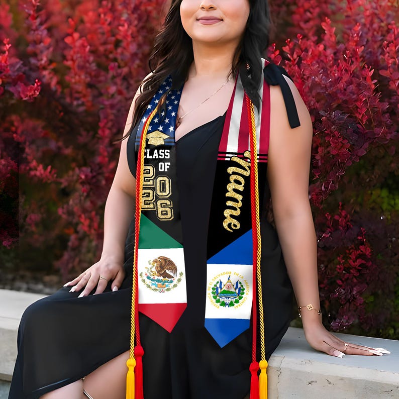 This custom Mexican graduation sash features traditional sarape patterns for a proud cultural celebration.