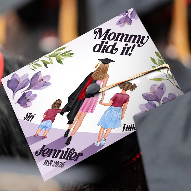This custom graduation cap decoration celebrates a mother's achievement, making it a perfect gift for mom.