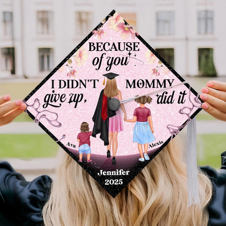 Thoughtful mom of 2 gifts, this graduation cap decoration adds a sentimental touch to the ceremony.