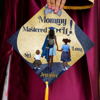 This custom master's degree cap decoration celebrates a mother's achievement with a stylish design.