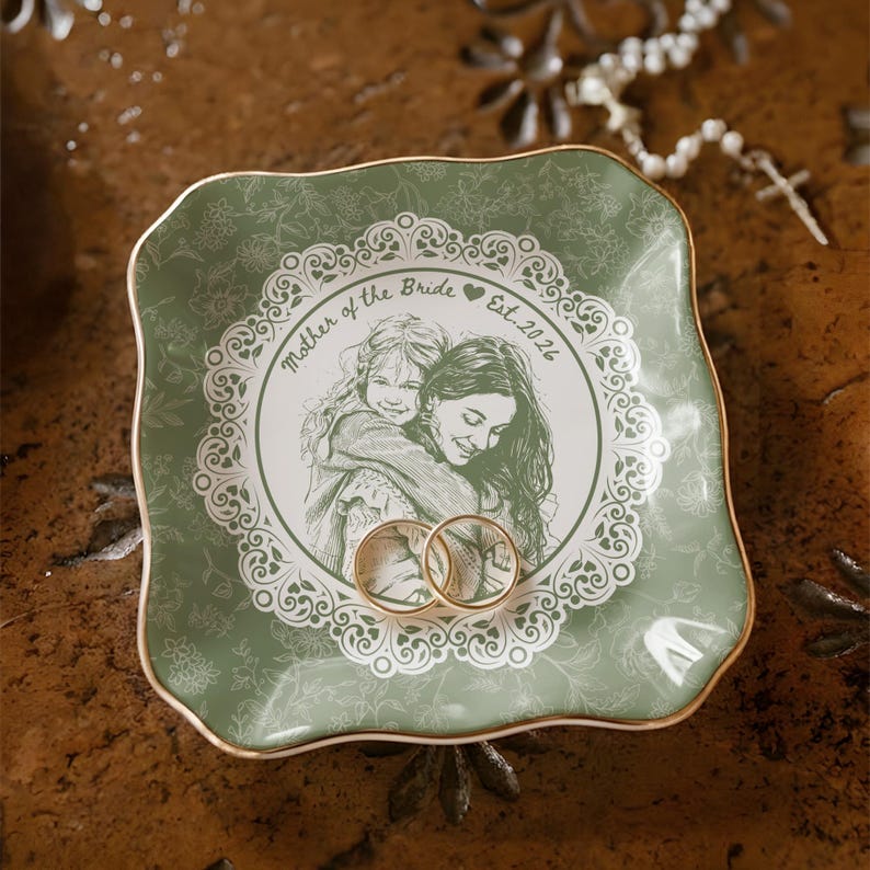 Personalized Mother of the Bride Portrait Jewelry Dish, a sentimental and high-quality wedding keepsake.