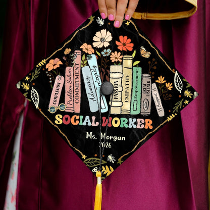 This custom social work grad cap is a unique piece of grad cap decorations and a thoughtful MSW graduation gift.