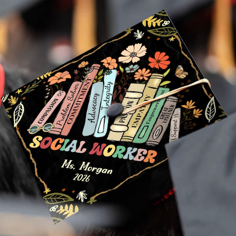A high-quality graduation hat topper for Masters of Social Work graduates, ideal for personalized graduation gifts.