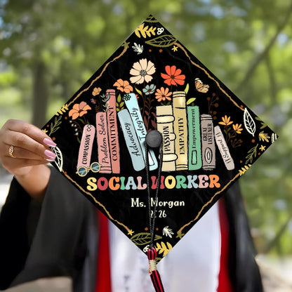 Elegant social work-themed grad cap decorations, serving as a beautiful and inspiring graduation cap decoration.