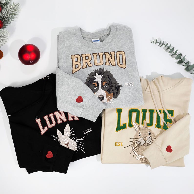 This custom photo sweatshirt, a Pet Embroidered Sweatshirt, is an ideal dog lover gift and personalized embroidered sweatshirt.