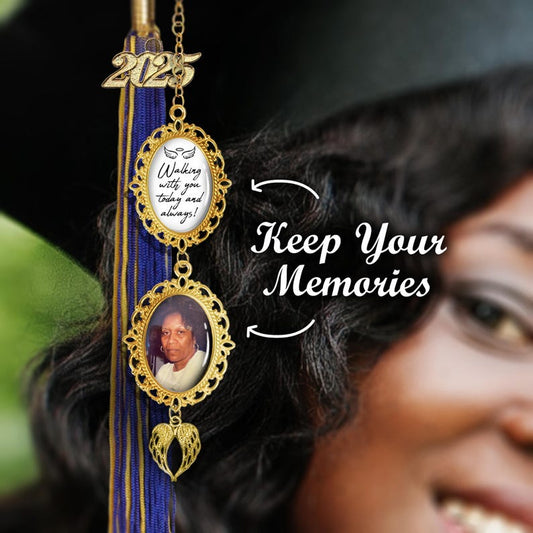 Personalized Photo & Message Angel Tassel Charm for Class of 2026, a touching memorial graduation gift.