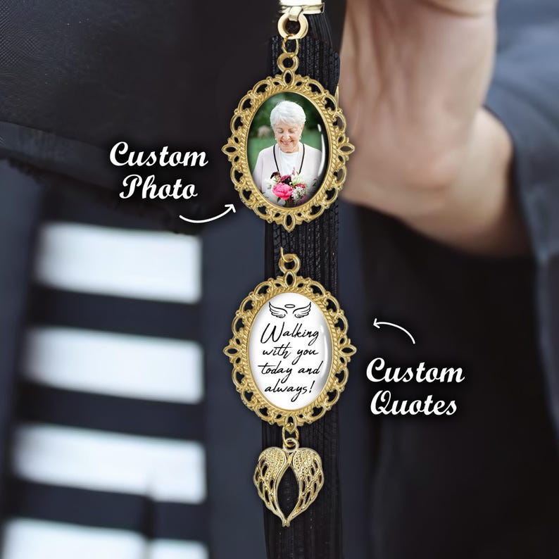 This custom graduation tassel photo charm is a beautiful way to honor a loved one on your big day.