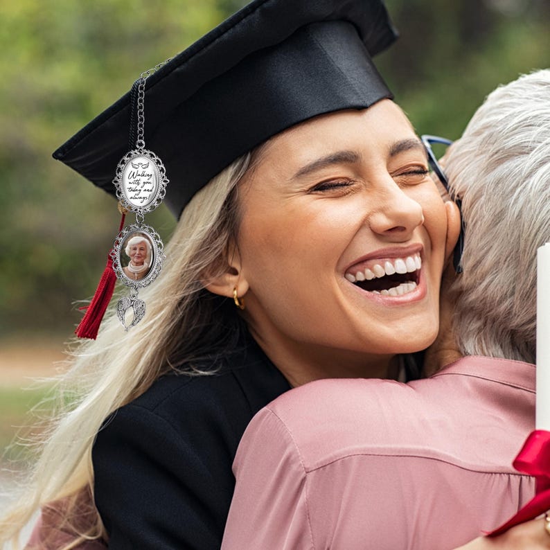 A premium memorial photo charm for graduation cap, offering a lasting memento for lost loved ones.