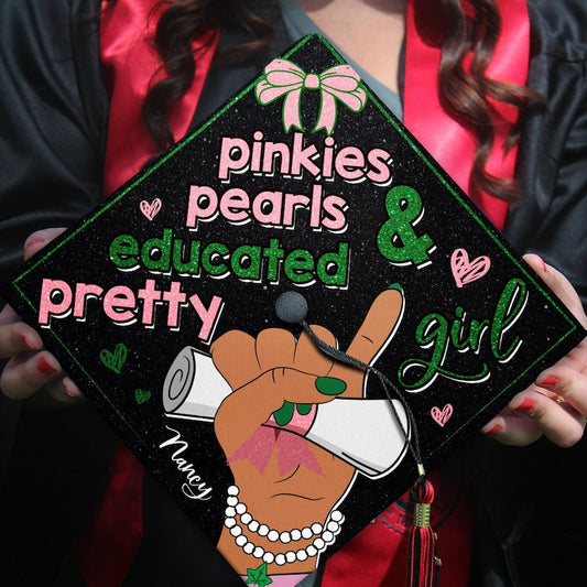 Personalized Pinkie Pearl and Educated Pretty Girls Grad Cap Topper for Class of 2026, a perfect AKA graduation gift.