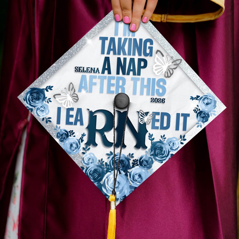 This nursing graduation cap topper features a custom RN design, making it a unique piece of grad cap decorations.