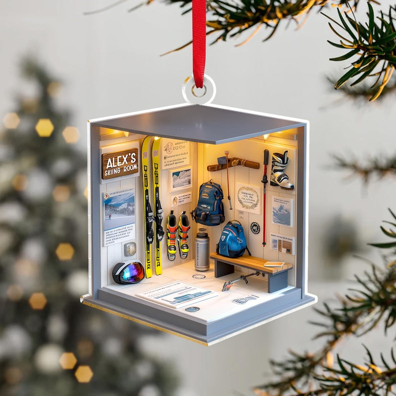 A Personalized Skiing Gear Room Acrylic Ornament, a unique skiing ornament and perfect gift idea for skiers.
