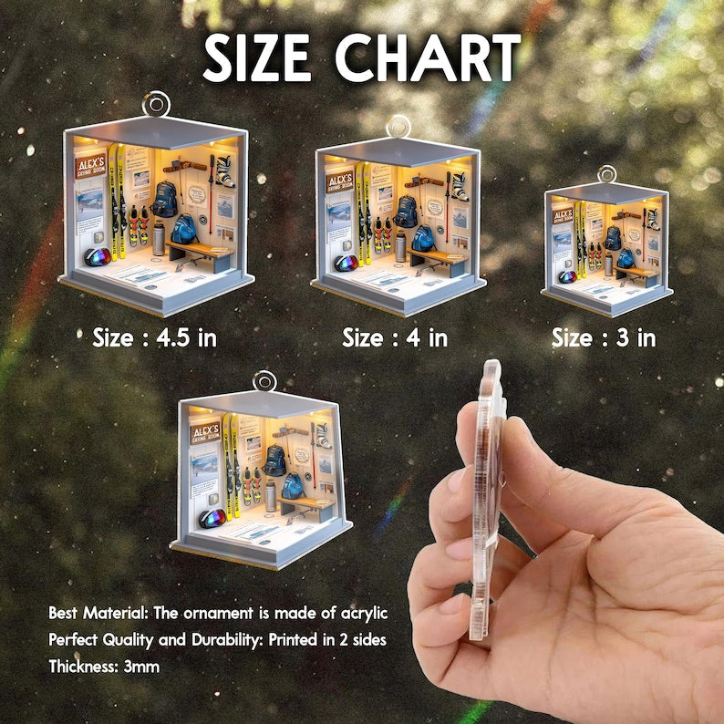 A close-up of a skiing ornament, the Personalized Skiing Gear Room Acrylic Ornament is an ideal gift idea for skiers.