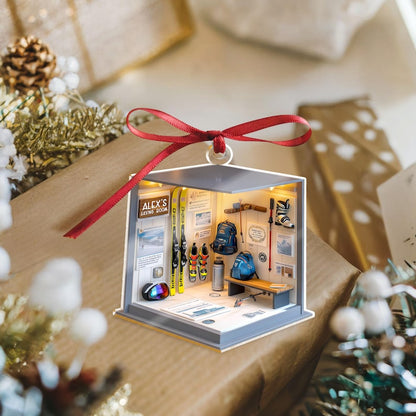 The perfect gift ideas for skiers, this Personalized Skiing Gear Room Acrylic Ornament is a unique personalized Christmas ornament.