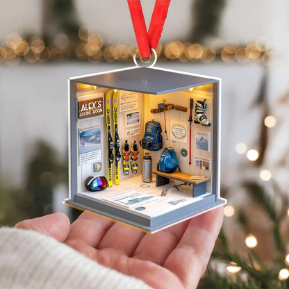 Personalized Skiing Gear Room Acrylic Ornament, a custom snowboarding ornament and cherished gift idea for skiers.