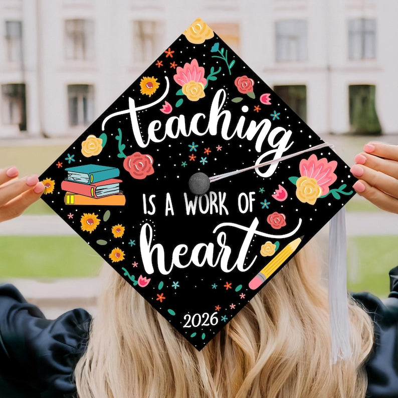 Elegant grad cap decorations featuring a teacher design, making it a special gift from teacher to teacher.