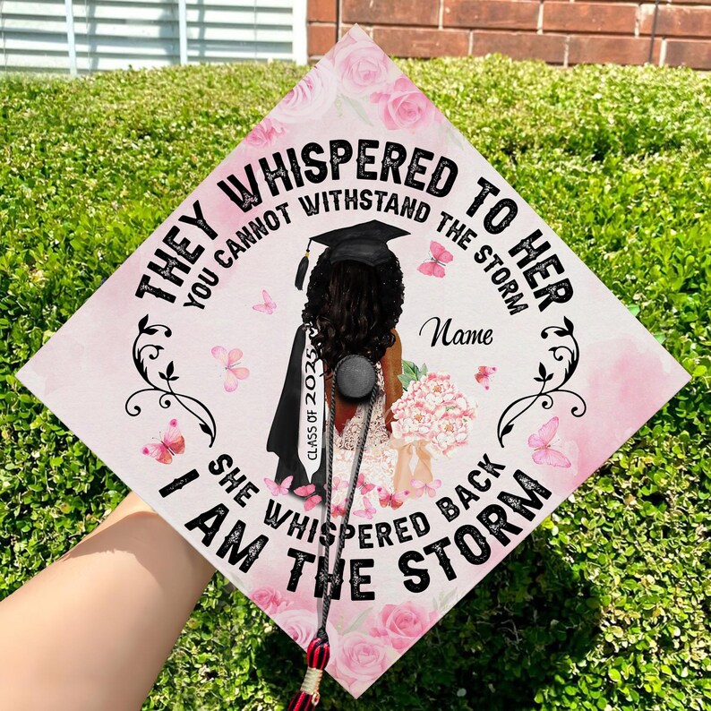 Elegant and empowering grad cap decorations, serving as a meaningful graduation cap decoration for her big day.