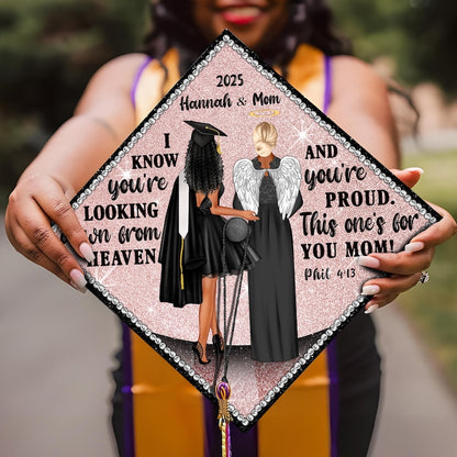 Personalized 'This One's for You Mom' Grad Cap Topper for Class of 2026, a touching memorial graduation gift.