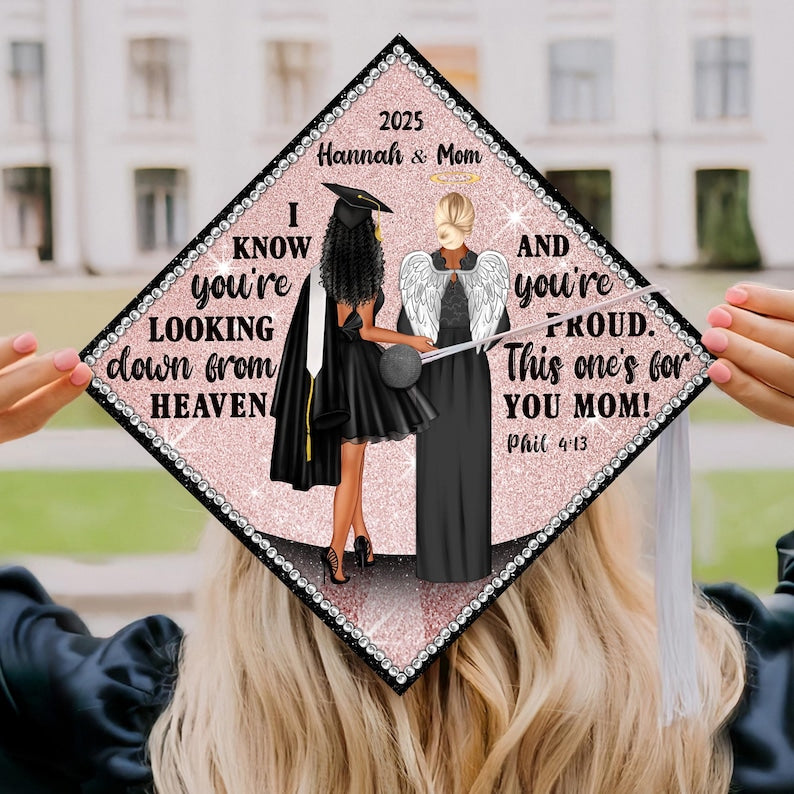 A premium 'This One's for You Mom' grad topper, offering a lasting memento for lost loved ones.