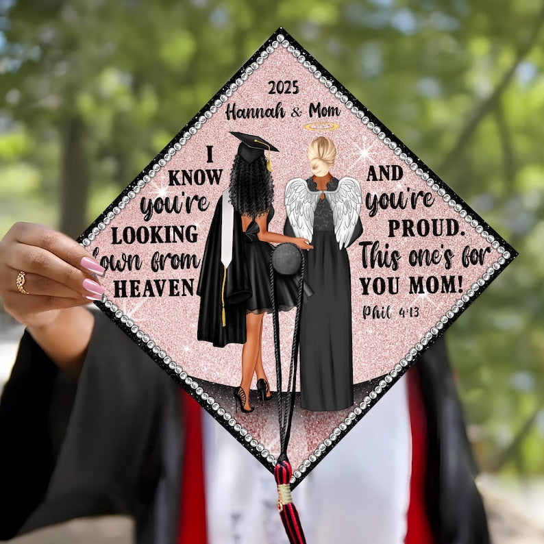 Inspiring 'In Memory' graduation cap topper, perfect for honoring a mother's legacy while graduating.