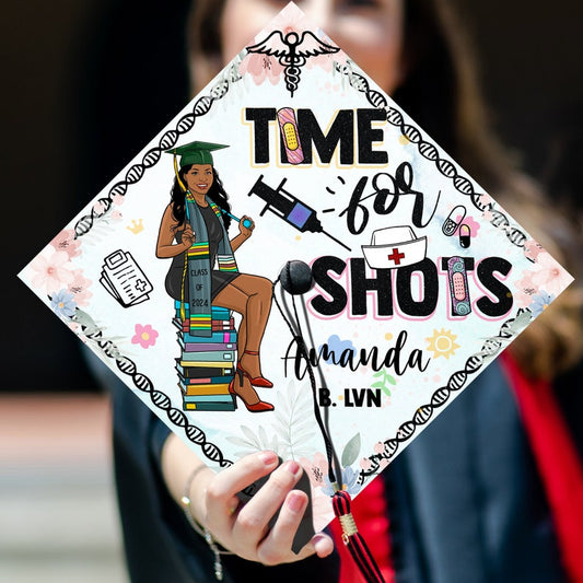 Personalized Time For Shots Graduation Cap Topper for Class of 2026, a witty and unique nursing grad cap.
