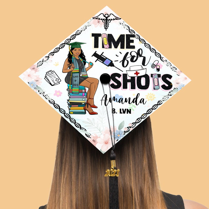 A high-quality 'Time For Shots' graduation hat topper, serving as a clever and personalized graduation gift.