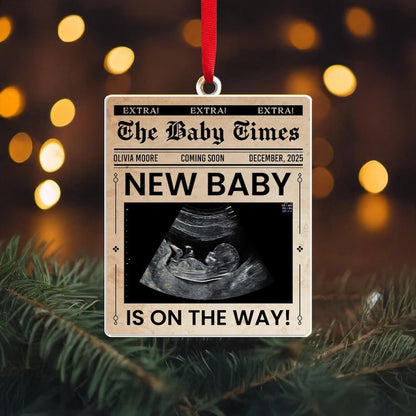 A Personalized Ultrasound Newspaper Acrylic Ornament, a unique pregnancy announcement ornament and special ultrasound ornament.