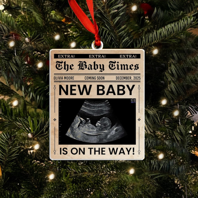 This newspaper ornament, a Personalized Ultrasound Newspaper Acrylic Ornament, is a beautiful personalized Christmas ornament for expectant parents.