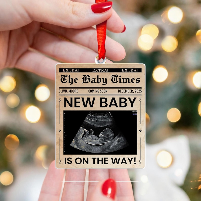 A unique ultrasound ornament, the Personalized Ultrasound Newspaper Acrylic Ornament serves as a memorable personalized Christmas ornament.