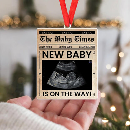 Personalized Ultrasound Newspaper Acrylic Ornament, a custom pregnancy announcement ornament and cherished newspaper ornament.