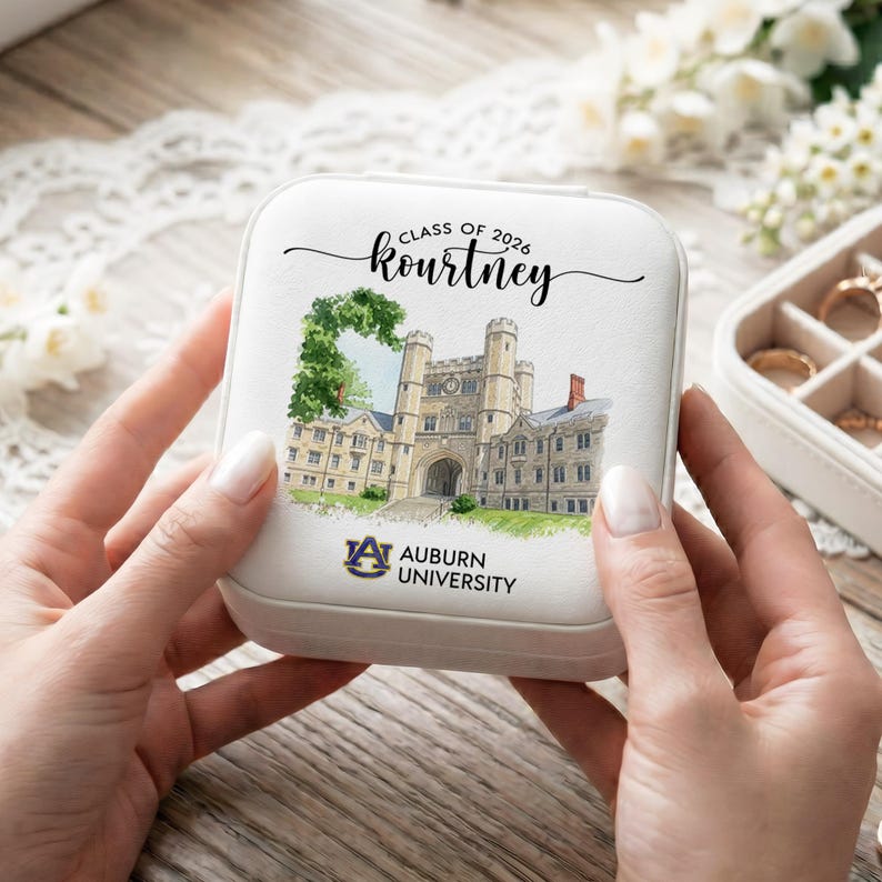 This custom jewelry box for women is a beautiful way to preserve college memories for years.