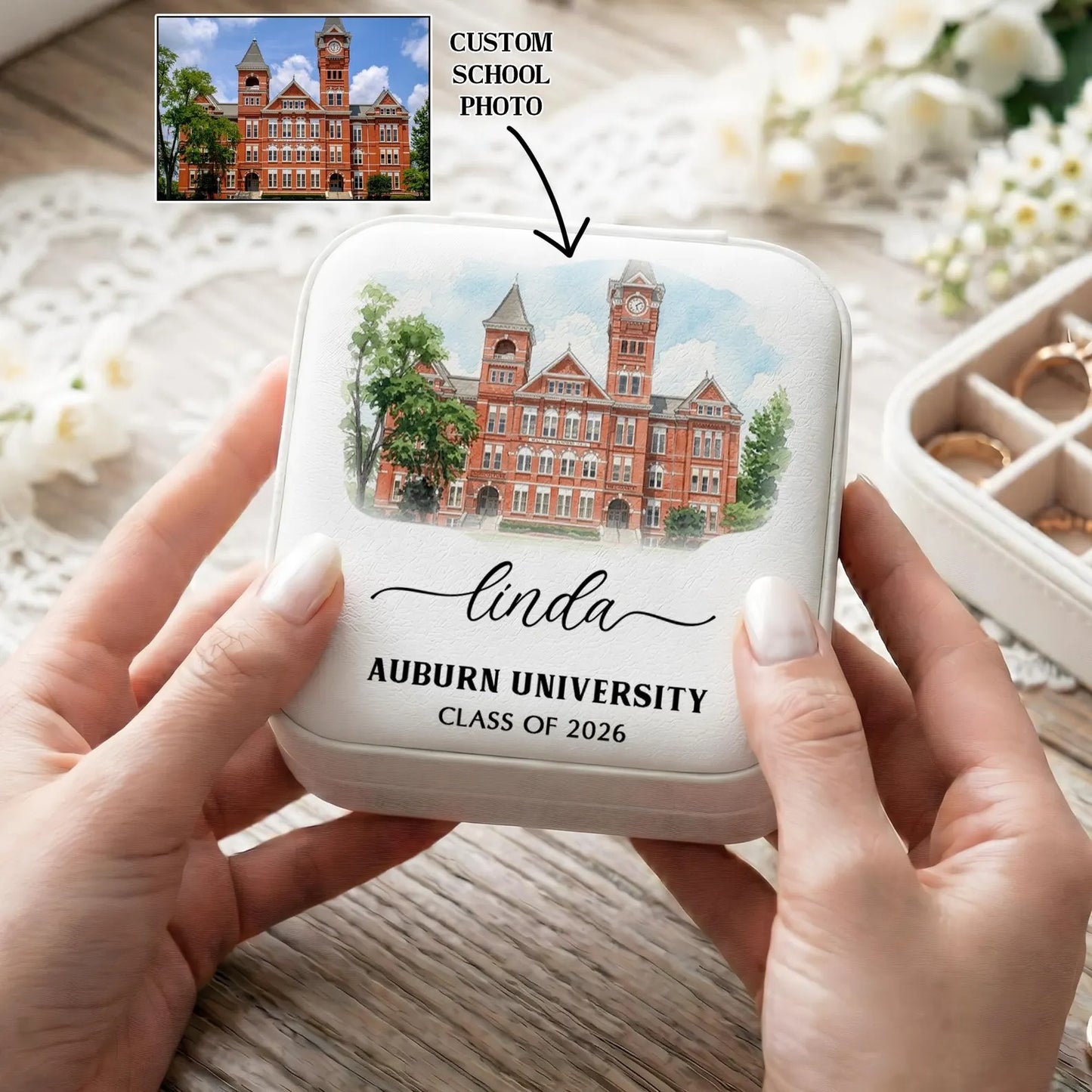 Custom College Graduation Gifts for Her, Personalized University Portrait Jewelry Box, Class of 2026