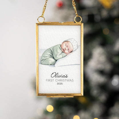 A Personalized Watercolor Baby Portrait Frame Ornament, a beautiful watercolor Christmas ornament and photo frame ornament.