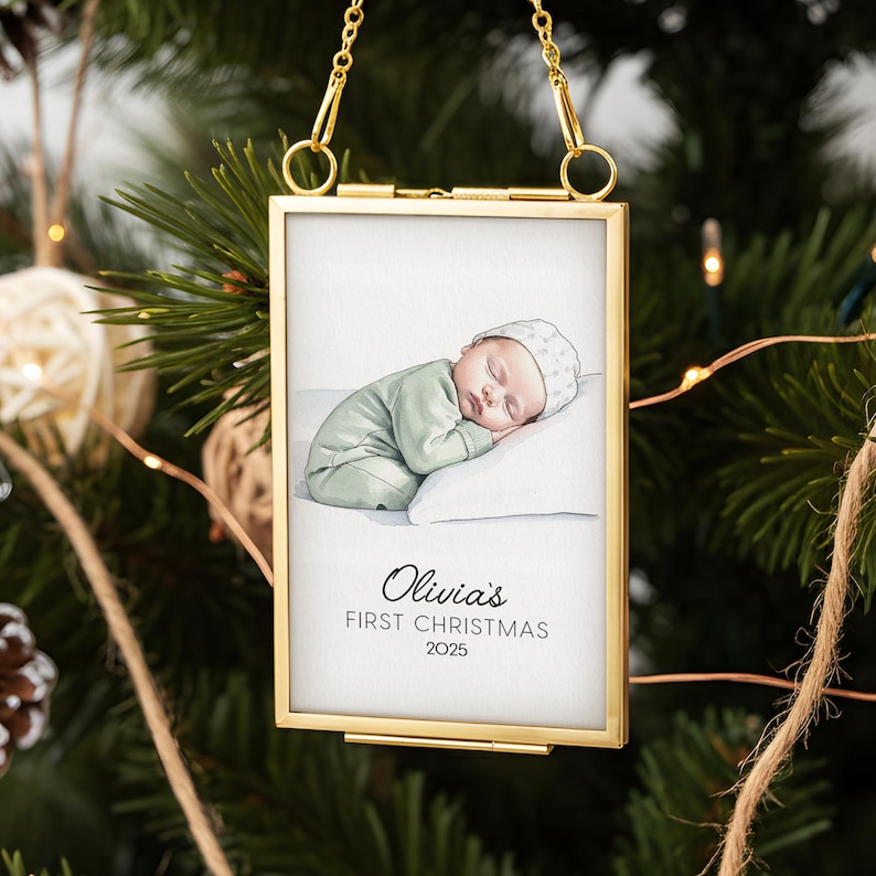 This custom hand painted Christmas ornament, a Personalized Watercolor Baby Portrait Frame Ornament, is a perfect personalized baby's first Christmas ornament.