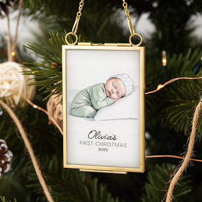 This custom hand painted Christmas ornament, a Personalized Watercolor Baby Portrait Frame Ornament, is a perfect personalized baby's first Christmas ornament.
