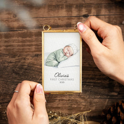 A beautiful custom hand painted Christmas ornament, the Personalized Watercolor Baby Portrait Frame Ornament is a cherished newborn Christmas ornament and gift for new parents.