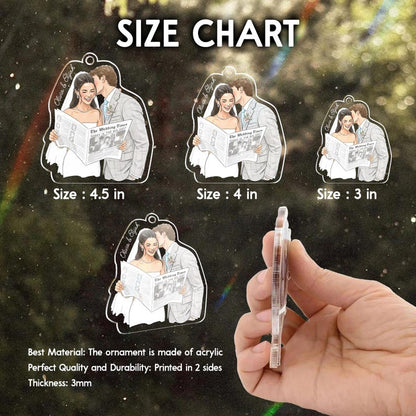 A close-up of a personalized Christmas ornament, the Personalized Watercolor First Christmas Married Ornament is an ideal wedding ornament.