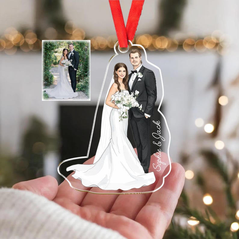 The perfect first Christmas married ornament, this Personalized Watercolor Ornament is a unique acrylic ornament keepsake.