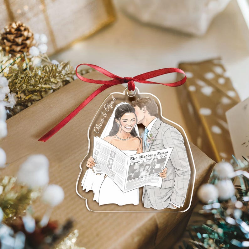This custom hand painted Christmas ornament, a Personalized Watercolor First Christmas Married Ornament, makes a great personalized Christmas gift.