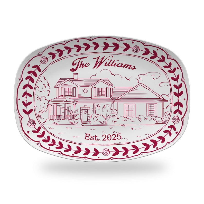 A unique custom platter, the Personalized Watercolor House Photo Platter is a lovely house warming gift.