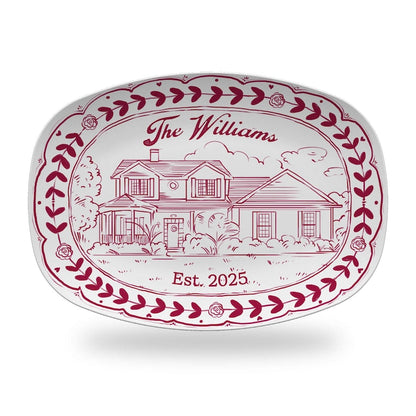 A unique custom platter, the Personalized Watercolor House Photo Platter is a lovely house warming gift.