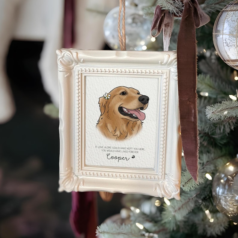 A Personalized Watercolor Pet Portrait Memorial Ornament, a touching dog memorial gift and beautiful watercolor Christmas ornament.