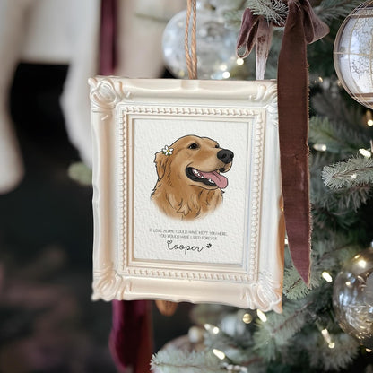 A Personalized Watercolor Pet Portrait Memorial Ornament, a touching dog memorial gift and beautiful watercolor Christmas ornament.