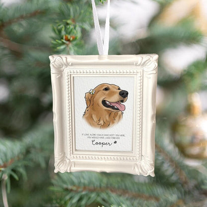 A close-up of a dog memorial ornament, the Personalized Watercolor Pet Portrait Memorial Ornament is an ideal gift for dog owners and dog moms.