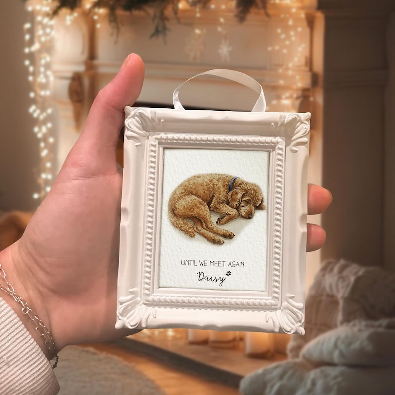 The perfect dog memorial gifts, this Personalized Watercolor Pet Portrait Memorial Ornament is a unique memorial ornament with picture.