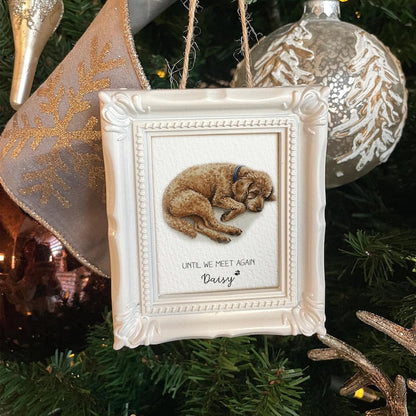 This photo frame ornament, a Personalized Watercolor Pet Portrait Memorial Ornament, is a thoughtful memorial ornament with picture for a lost pet.